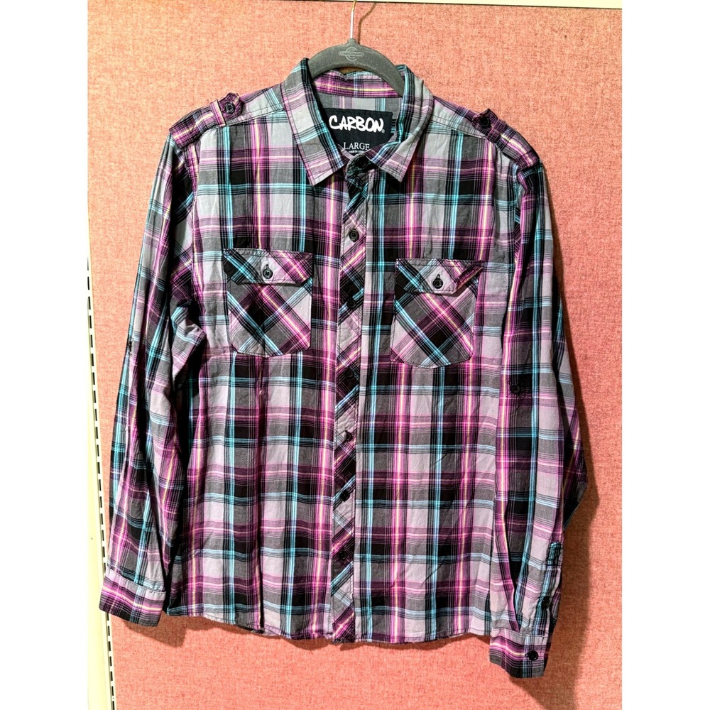 Carbon Plaid Button Up Shirt Womens Large Purple Gray Blue Cotton Grunge Y2K - Picture 1 of 5